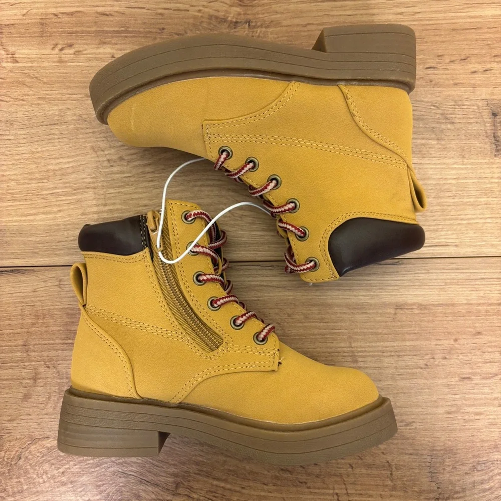 STEVE MADDEN JJumble Combat Boots Tan Kids Size 11 Side Zip Lace Up Low Heel‎